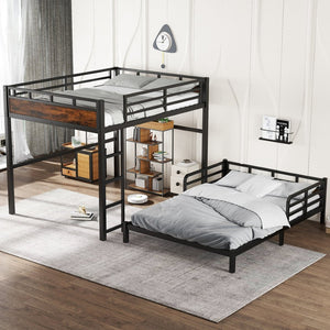 English Elm Twin Xl Solid Pine Loft Bed with Built-in Led Lighting and Storage Shelves Vintage,Wood W1580S00443