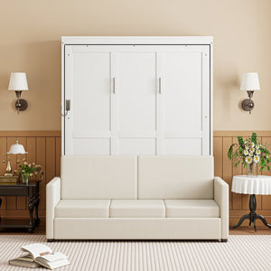 English Elm Full Size Murphy Wall Bed with Integrated Linen Sofa for Studio or Guest Room White LP000890AAK-1