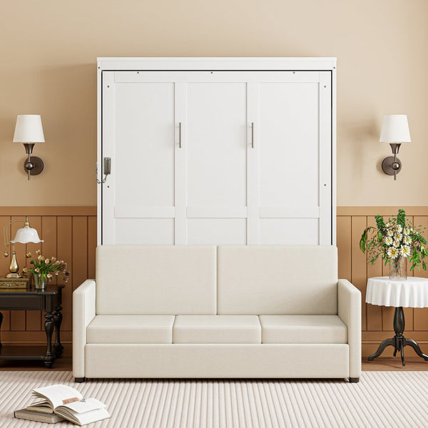 English Elm Full Size Murphy Wall Bed with Integrated Linen Sofa for Studio or Guest Room White LP000890AAK-1