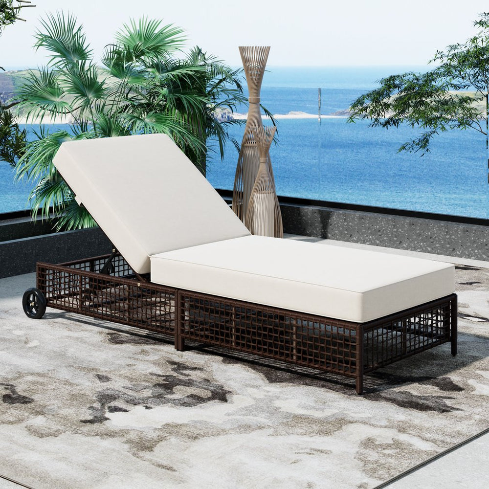 English Elm TREXM Outdoor Lounge Chair with 5-Position Recline, Woven PE Rattan, Removable Cushion & Wheels for Patio Brown+Beige N715P207900D