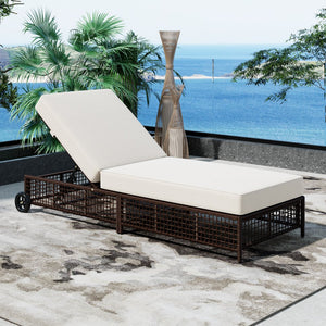 English Elm TREXM Outdoor Lounge Chair with 5-Position Recline, Woven PE Rattan, Removable Cushion & Wheels for Patio Brown+Beige N715P207900D