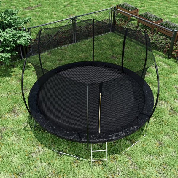 English Elm 14ft Trampoline with Curved Pole Enclosure Net Galvanized Frame and Safety Ladder W285P236466