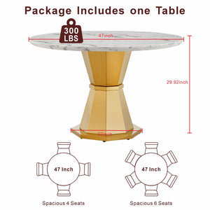 English Elm 47" Round Marble Dining Table – Elegant Faux Marble Top & Stainless Steel Base For Modern Dining Spaces W3456S00032