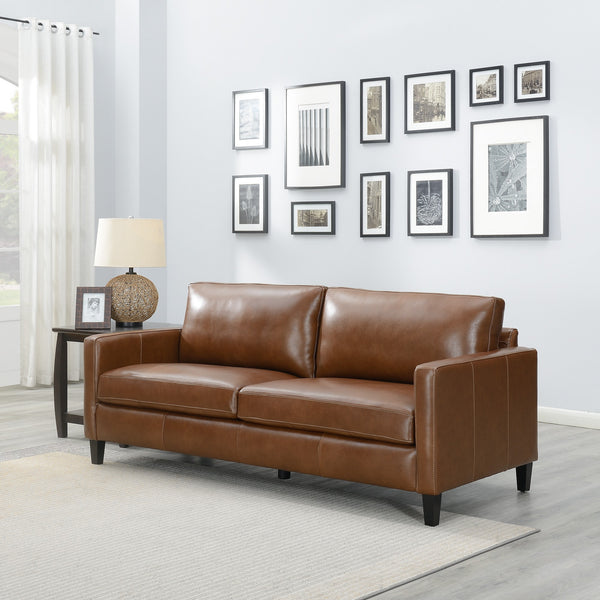 English Elm Modern Leather Sofa Light Brown - Contemporary 82.5" 3-Seater with High-Resilience Foam, Sinuous Coil Support B193P200163