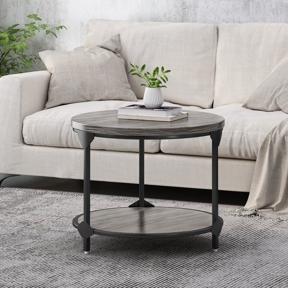English Elm Christopher Knight Home® - COFFEE Lenka Modern Industrial Round Coffee Table - Gray Faux Wood Top, Black Iron Frame, Shelf Durable Design 67506.00GRY