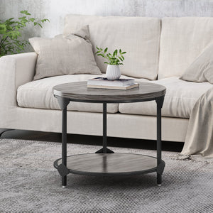 English Elm Christopher Knight Home® - COFFEE Lenka Modern Industrial Round Coffee Table - Gray Faux Wood Top, Black Iron Frame, Shelf Durable Design 67506.00GRY