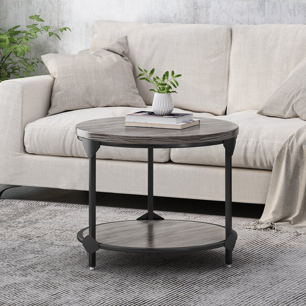 English Elm Christopher Knight Home® - COFFEE Lenka Modern Industrial Round Coffee Table - Gray Faux Wood Top, Black Iron Frame, Shelf Durable Design 67506.00GRY