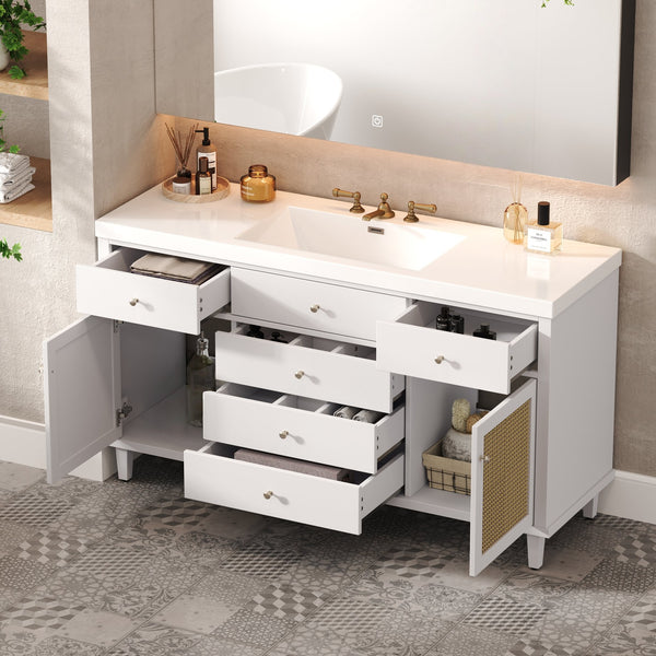 English Elm Christopher Knight Home® - 60" Modern Bathroom Vanity with Durable SMC Sink, Rattan Doors, Soft-Close Drawers, Pine Legs White N817P296130W