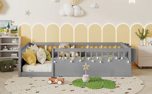 English Elm Twin Montessori Floor Bed Frame with High Rails and Built-In Light Shelf for Safe Independent Sleep Grey 79.13 L x 13 W x 6.3 H W2593P333797