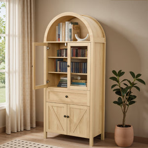 English Elm Dome Arched Cabinet with Vintage Circular Hardware and Multi-tier Shelving for Living Room W1785P332536