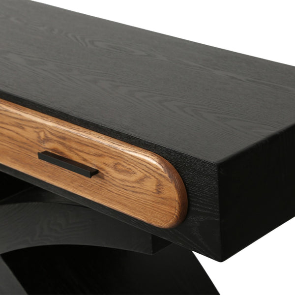 English Elm Ashwood Veneered Console Table with X Frame Legs and Two Drawers for Entryway Decor W3040P455738