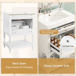 English Elm 24'' Retro Bathroom Vanity Mdf Cabinet with Ceramic Sink Open Shelf and 2 Drawers White N710P405414K