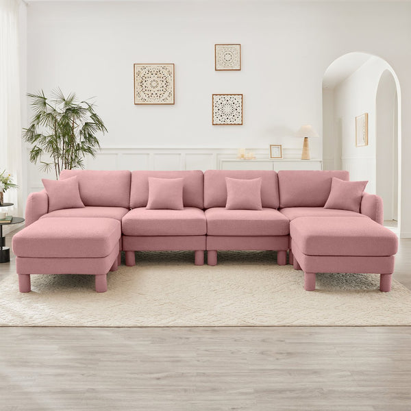 English Elm Boucle Chic U-Shape Sectional Sofa For 4 With Shell Armrests & Movable Ottomans In Stylish Pink W3041S00297