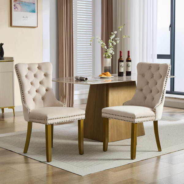 English Elm Mid-Century Tufted Velvet Dining Chair with Lion Head Pull Ring, Gold Legs, Nailhead Trim, Luxurious Support Beige W1143P233644