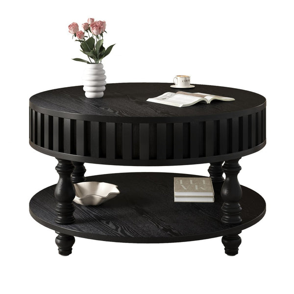 English Elm Farmhouse Fluted Square Coffee Table with Flip Top Hidden Compartment and Open Shelf Black W1445P370482