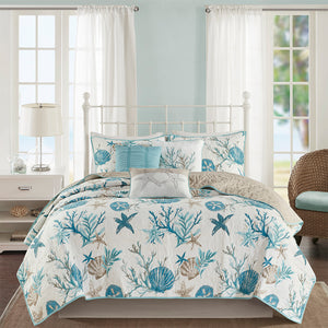 JLA Home Madison Park - 6 Piece Cotton Sateen Quilt Set Pebble Beach Shell & Starfish Pattern with Taupe Reverse, OEKO-TEX Certified Aqua MP13-8077
