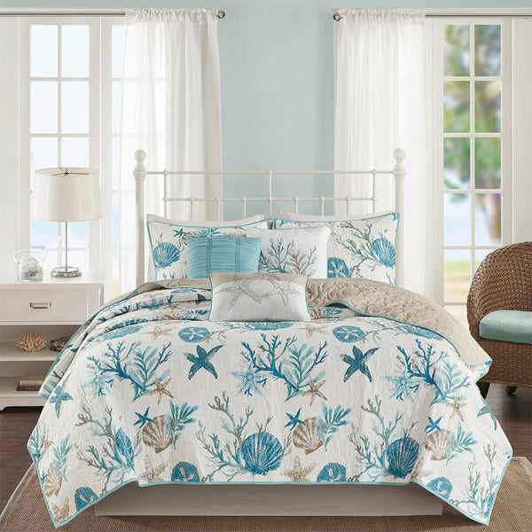 JLA Home Madison Park - 6 Piece Cotton Sateen Quilt Set Pebble Beach Shell & Starfish Pattern with Taupe Reverse, OEKO-TEX Certified Aqua MP13-8077
