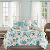 Madison Park Pebble Beach Coastal 6 Piece Cotton Sateen Quilt Set with Throw Pillows MP13-8077 Aqua