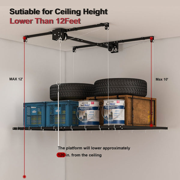 English Elm Overhead Garage Ceiling Rack All Steel Crank Down Platform 250 Lb Locking Hoist W2700P346225