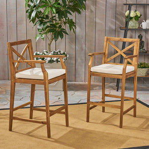 English Elm Christopher Knight Home® - PERLA Acacia Wood Outdoor Barstool Set of 2 with Water-Resistant Cushions, Cross-Back Farmhouse Charm Brown 63748.00CRM