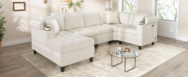 English Elm Modern U-shaped Sectional Sofa 115.7" Corner Couch with Chaise, Chenille Tufted Cushions, USB Ports and Storage Beige N719S002150A