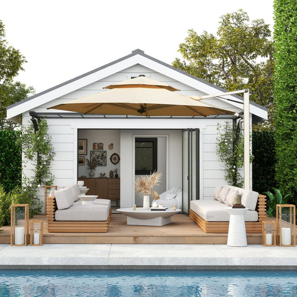 English Elm Round Cantilever Umbrella with Center Pole - 9-Rib Reinforced Aluminum Frame, 360° Pedal Rotate, Hydraulic Opening and 5-Position Tilt Adjustment for Superior Sun Protection Beige W1859P337923