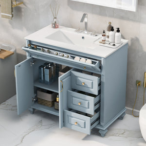 English Elm 36" Bathroom Vanity - Modern Blue Grey Solid Wood Cabinet With Elegant Gold Handles & Ample Storage N725P356069E