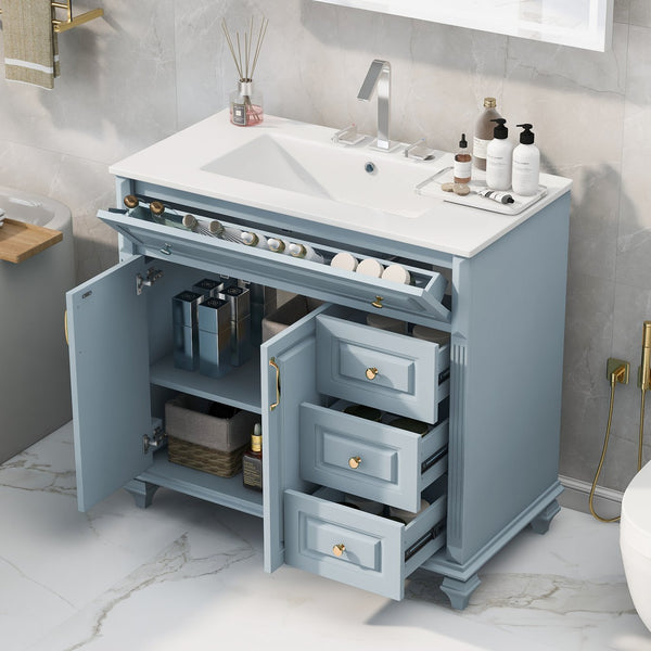 English Elm 36" Bathroom Vanity - Modern Blue Grey Solid Wood Cabinet With Elegant Gold Handles & Ample Storage N725P356069E