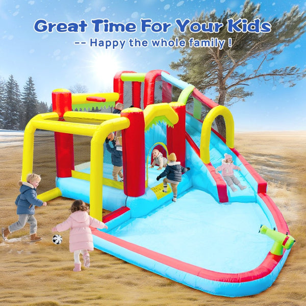 English Elm 7 in 1 Inflatable Backyard Water Park with Slide Splash Pool Climbing Wall and Bouncer W167790010