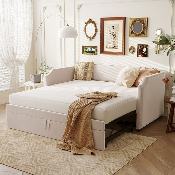 English Elm Twin Velvet Upholstered Daybed with Pop up Trundle for Guest or Kids Rooms SF000197AAA
