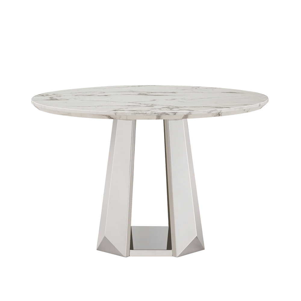 English Elm 47" Round Marble Dining Table - Modern High-Gloss Faux Marble Top With Stainless Steel Base For Style W3456S00007