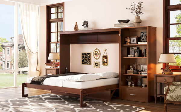English Elm Queen Murphy Bed with Built-In Shelves, Height-Adjustable Storage & Drawer for Small Spaces Walnut 71.6 L x 21.5 W x 6.1 H N733S309223D