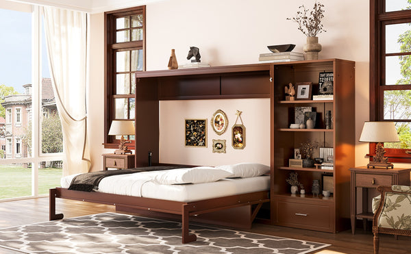 English Elm Queen Murphy Wall Bed with Folding Platform Side Cabinet Drawer and Adjustable Shelves Walnut N733S407545D