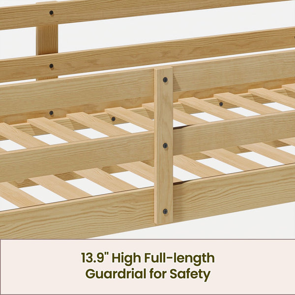 English Elm Kids Twin Low Loft Bed with Built-In LED Strip, Solid Pine Convertible Bunk Frame, Modern Durable Design Oak W1820P331924