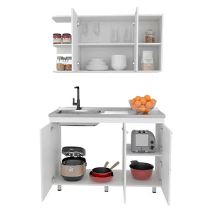 English Elm Elica Two-Piece Kitchen Cabinet Set in Kronos White — Upper Double Doors, Lower Storage & Prep Surface B070S00394