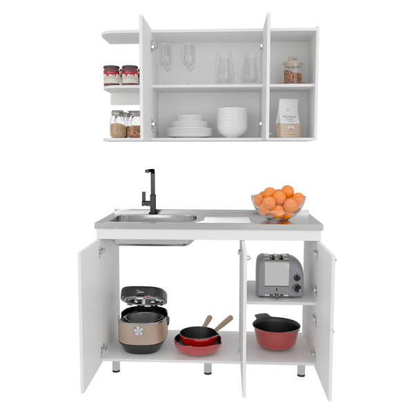 English Elm Elica Two-Piece Kitchen Cabinet Set in Kronos White — Upper Double Doors, Lower Storage & Prep Surface B070S00394
