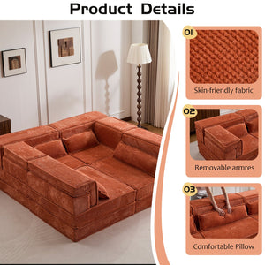 English Elm Compression Mahjong Sofa: Cozy Modular Floor Bed With Memory Foam & 4 Pillows, No Assembly, Orange W3723S00030