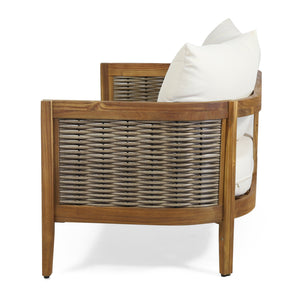 English Elm Christopher Knight Home® - 2 Outdoor Acacia Loveseat Set with Faux Rattan, Plush 6" Cushions & Slatted Coffee Table, Beige 71368.00