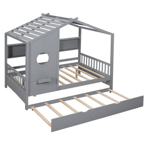 English Elm Wooden Full Size House Bed with Trundle and Built-In Shelves — Modern Pine Frame, Whimsical Roof Design Gray 57.2 L x 16.25 W x 5.9 H N733S316125E