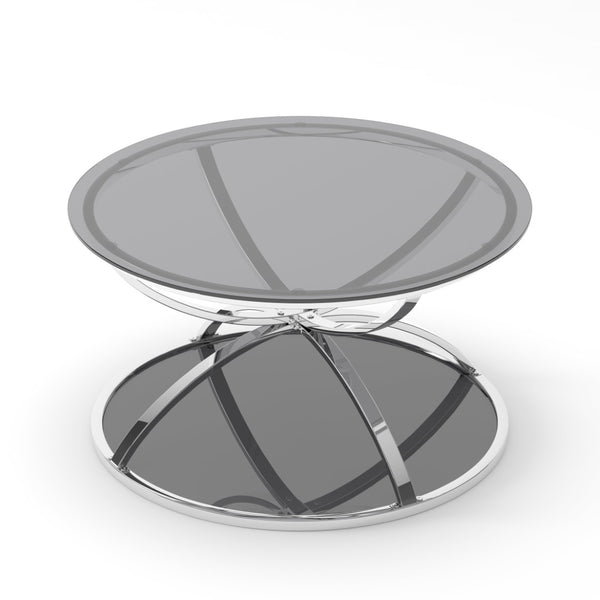 English Elm 31.50'' Round Chrome Ring Glass Coffee Table Two Tier Smoked Tempered Top Modern Living Room W757P412804