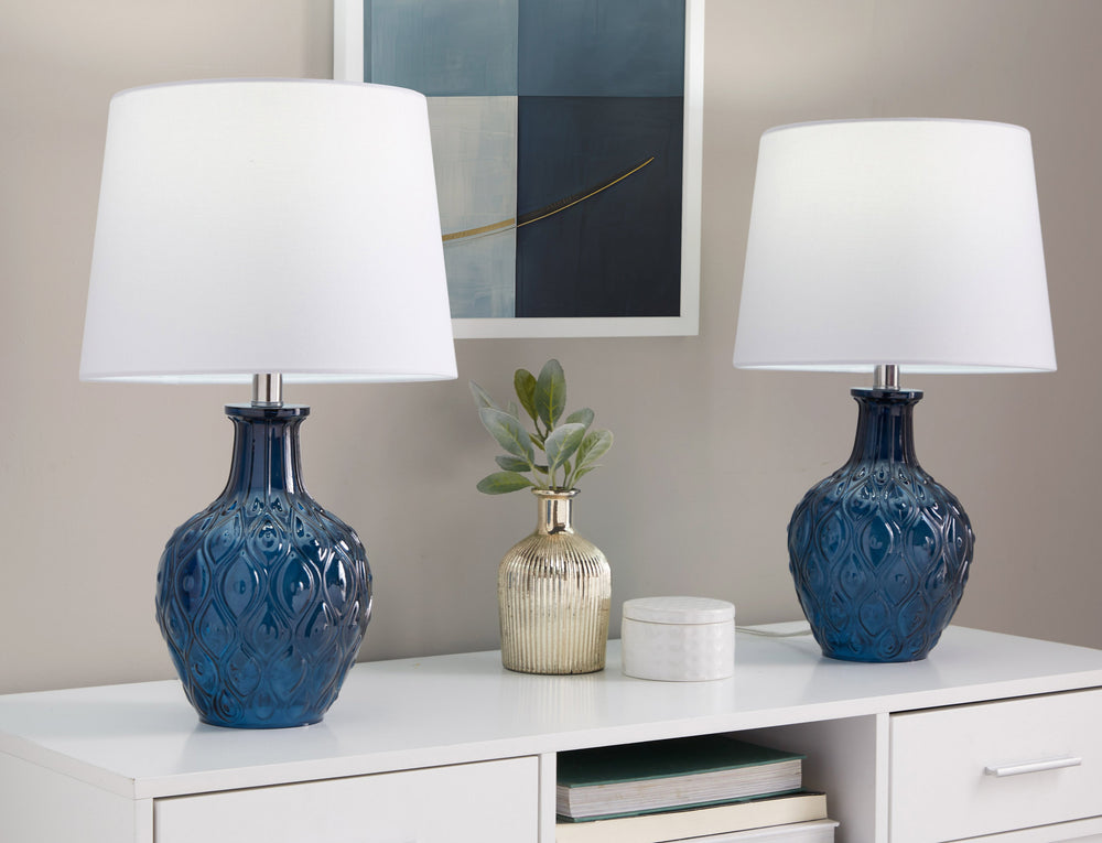 English Elm Gloria 20" Contemporary Glass Accent Lamp Set of 2 in Dark Moroccan Blue with White Linen Shade, Chrome Trim B202P224029