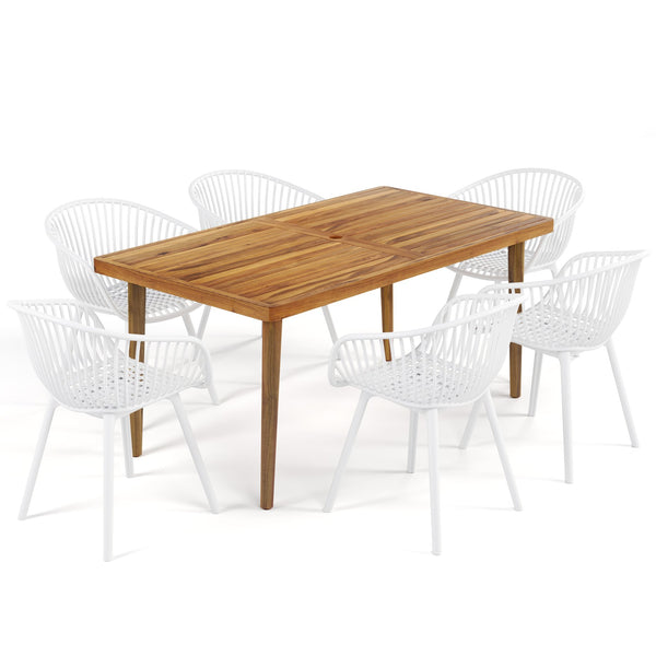 English Elm Christopher Knight Home® - Mykonos Weather-Resistant Outdoor 7PCS Dining Set with Recyclable PP Stackable Chairs & Table Acacia Wood,White MYKONOS7PCDW