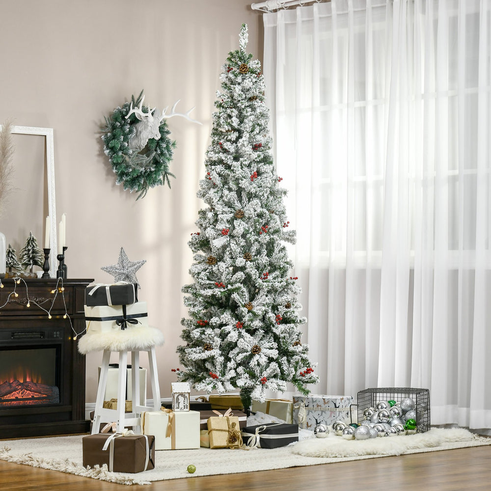 English Elm Homcom 7.5' Snow Flocked Pencil Christmas Tree With 600 Realistic Branches, Pinecones & Berries W2225P229732