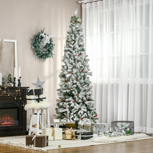 English Elm Homcom 7.5' Snow Flocked Pencil Christmas Tree With 600 Realistic Branches, Pinecones & Berries W2225P229732