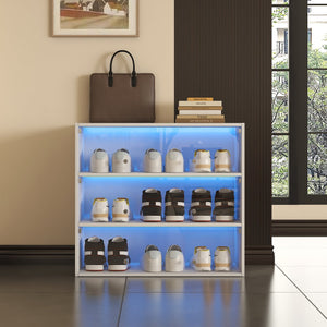 English Elm White Glass Door Shoe Box Display Cabinet with RGB LED Lights, Stackable Dustproof Organizer, 34.8" L W331P214186