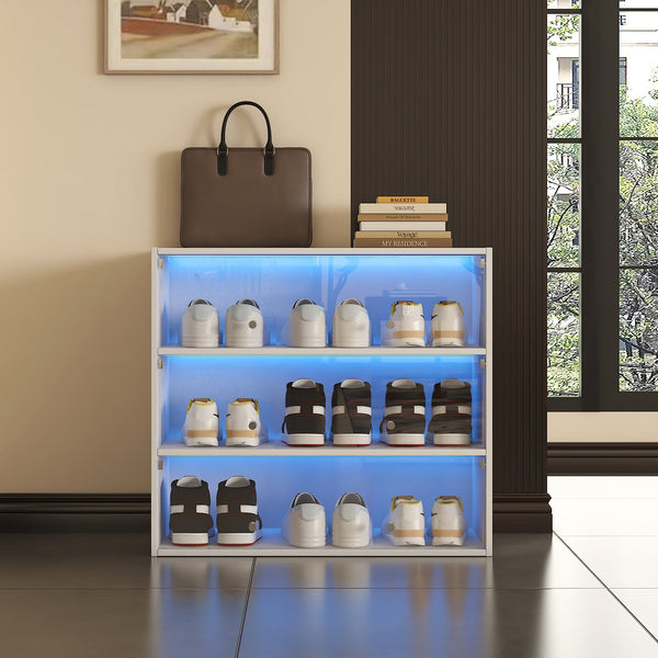 English Elm White Glass Door Shoe Box Display Cabinet with RGB LED Lights, Stackable Dustproof Organizer, 34.8" L W331P214186