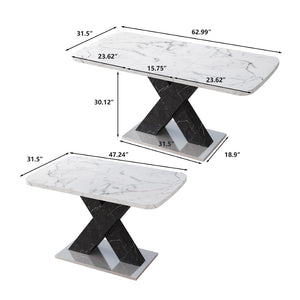 English Elm 47.24"-62.99"modern Extendable Dining Table Marble Print Top with X-base Seats Six W757S00049
