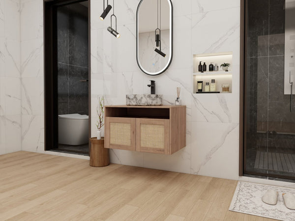 English Elm 30" Wall Mounted Bathroom Vanity Oak Finish Ceramic Art Sink Soft Close Storage W999S00493
