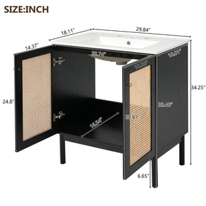 English Elm 30-inch bathroom vanity with handwoven rattan doors, ceramic sink, soft-close hinges, black bamboo elegance N729P285517B