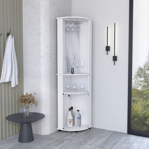 English Elm Corner Corner Bar Cabinet Unit with Wine Glass Rack, Mirrored Center, 3-Tier Storage & Lower Glass Doors B097P221375